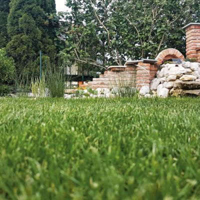 Ein großer Garten mit Klinkerstein-Mauerwerk. Davor befindet sich ein kleiner Wasserlauf.