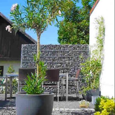 Kleine Terrasse mit einer Gabione in einem Steingarten. Im Vordergrund steht eine Tongefäß mit einem kleinen Baum.